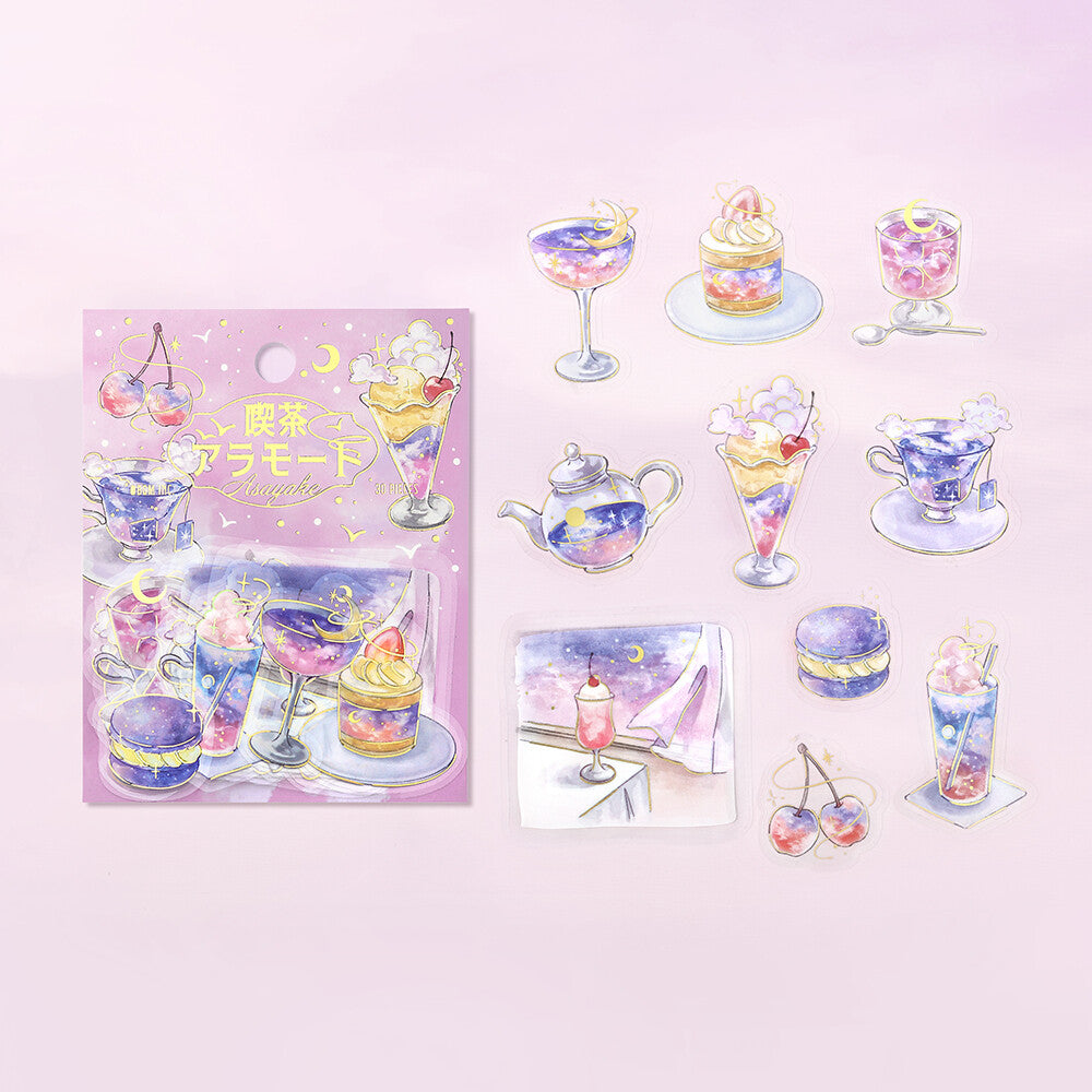 Set of decorative stickers with pastel-colored desserts and drinks on a light purple background.