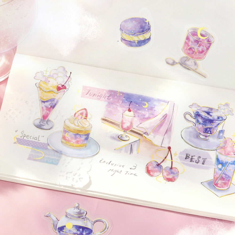 Illustrations of desserts and tea sets on a pink background