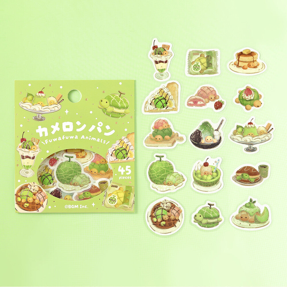 Set of cute green character-themed stickers with packaging on a light green background