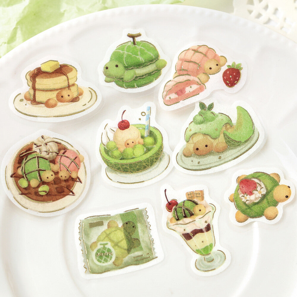 Set of cute cartoon turtle-themed food illustrations on a white background