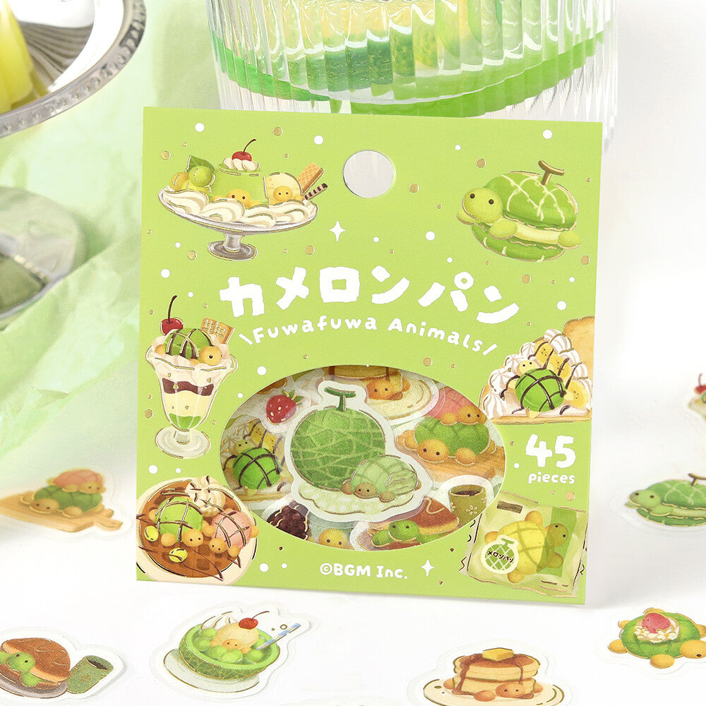 A package of cute Fuwafuwa Animals stickers by BGM Inc. The light green packaging features illustrations of green sea turtles and tropical desserts, with a clear window showing the 45 assorted stickers inside.