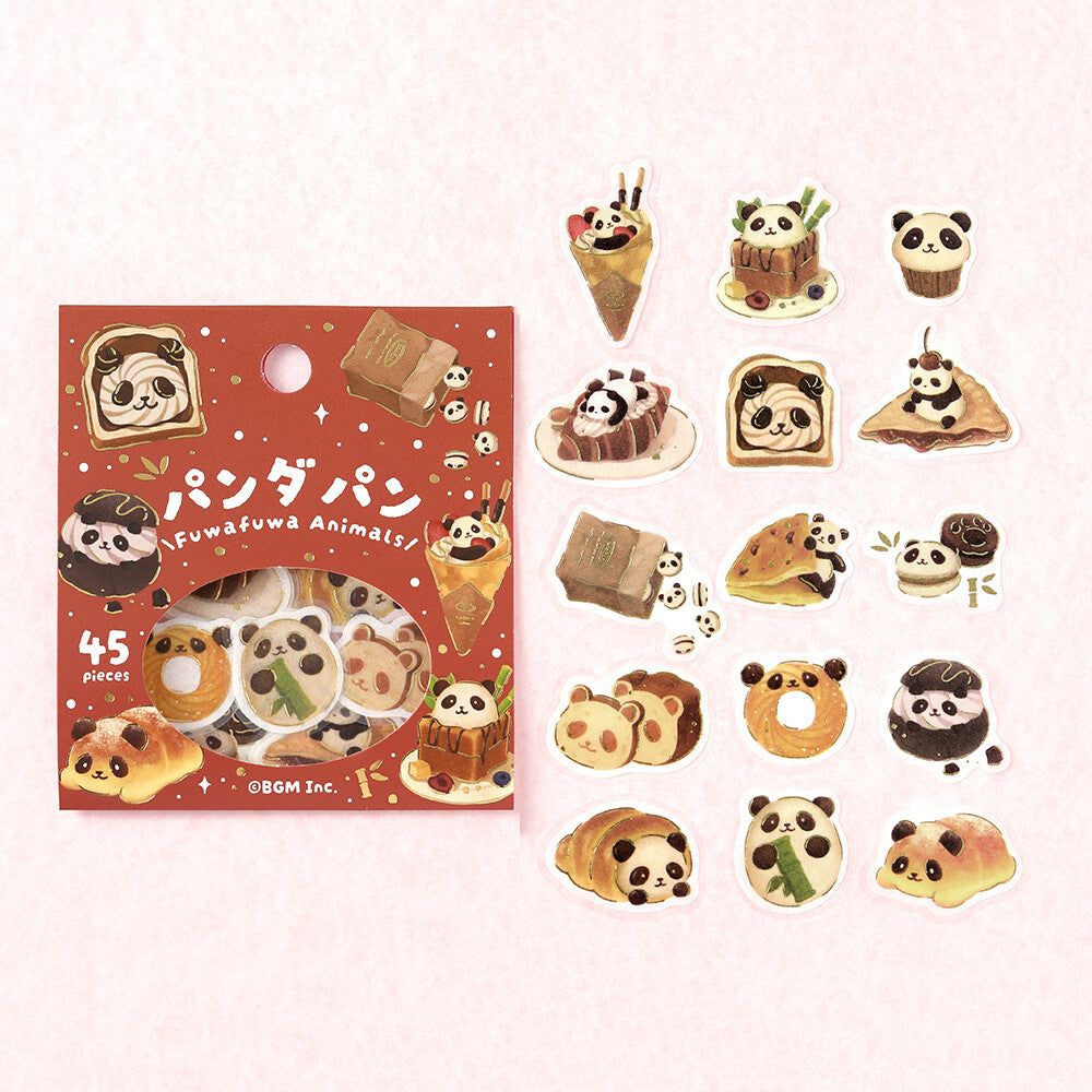 Set of cute panda-themed stickers with packaging on a light pink background