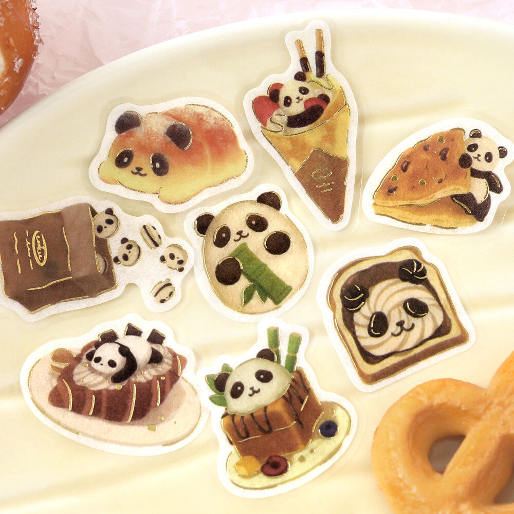Set of cute panda-themed food illustrations on a white plate.