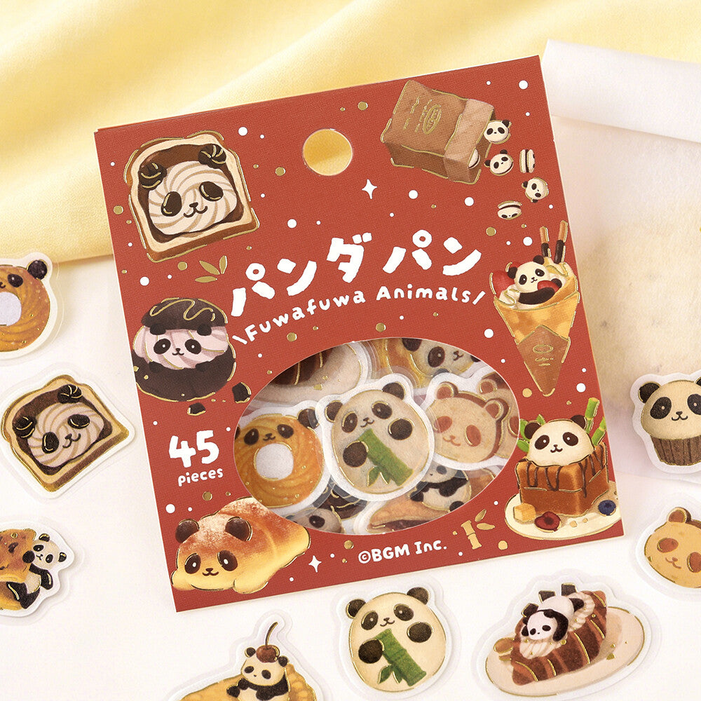 A package of 45 cute panda-themed stickers on a red card, surrounded by scattered individual panda stickers on a soft cream background. The package features cartoon panda illustrations and the text 'Panda Pan' and 'Fuwakuwa Animals!'.