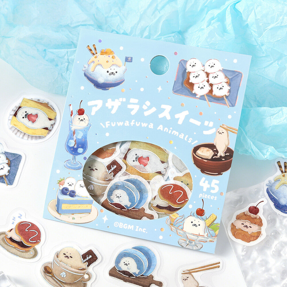 Sticker packet with cute animal-themed designs on a blue background