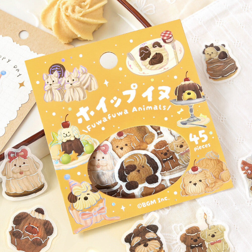 A package of 45 Fuwafuwa Animals die-cut stickers displayed on a white lace background with other loose stickers around it. The packaging is yellow and features cute illustrated characters and Japanese text.