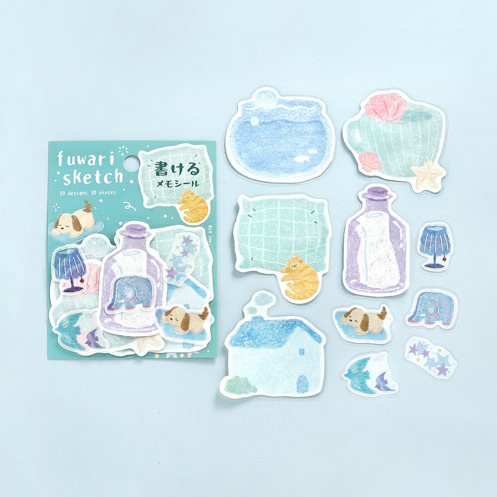 Pack of Fuwari stickers on a blue backgrounds with various designs