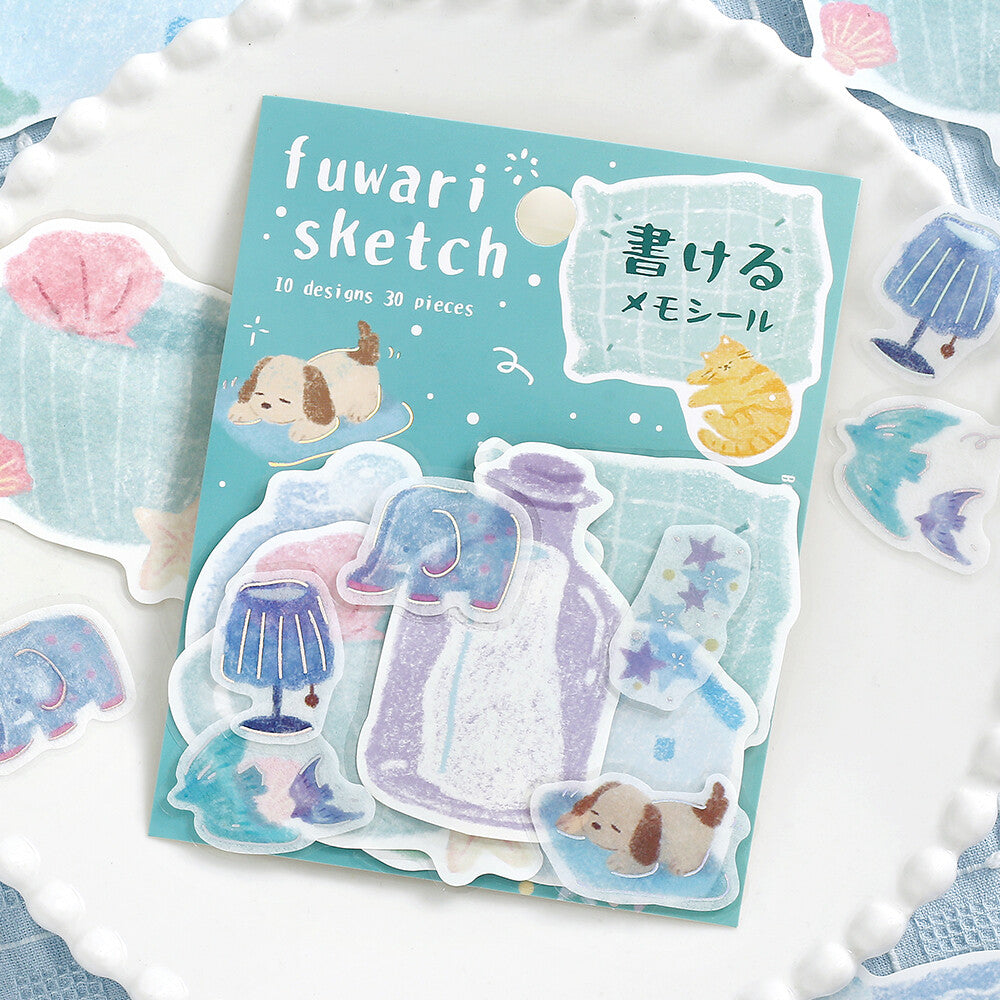 A pack of stickers with cute everyday designs and a dog on a white background