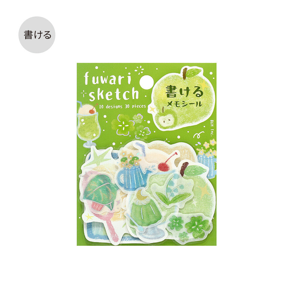 Pack of fuwari sketch stickers with green background and colorful designs.