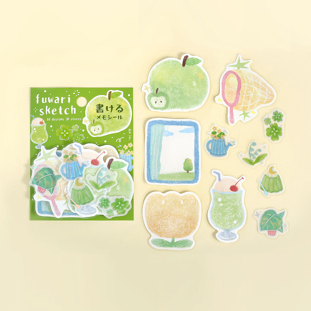 Set of decorative stickers with a 'fuwari sketch' notebook on a beige background