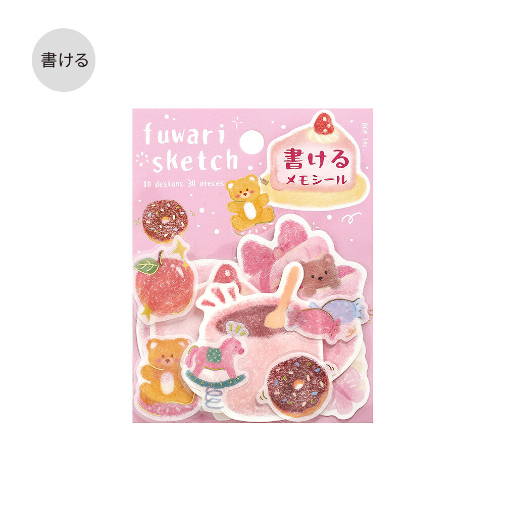 Pack of fuwari sketch stickers with cute illustrations on a pink background