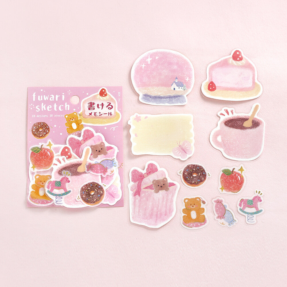 Set of decorative stickers with cute illustrations on a pink background