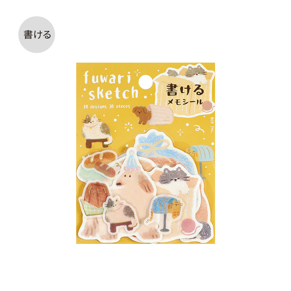 Pack of 'fuwari sketch' stickers with animal illustrations on a yellow background