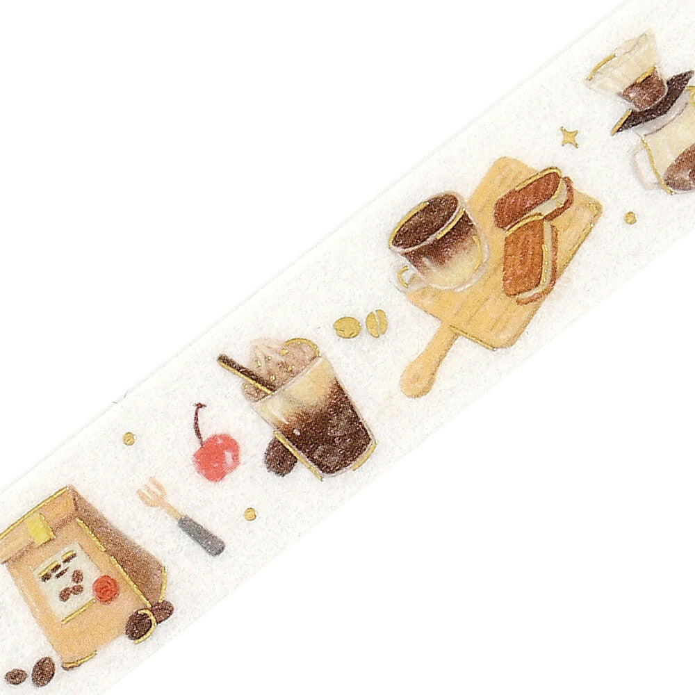 Illustrated coffee-themed design with cups, saucers, and spoons on a white background