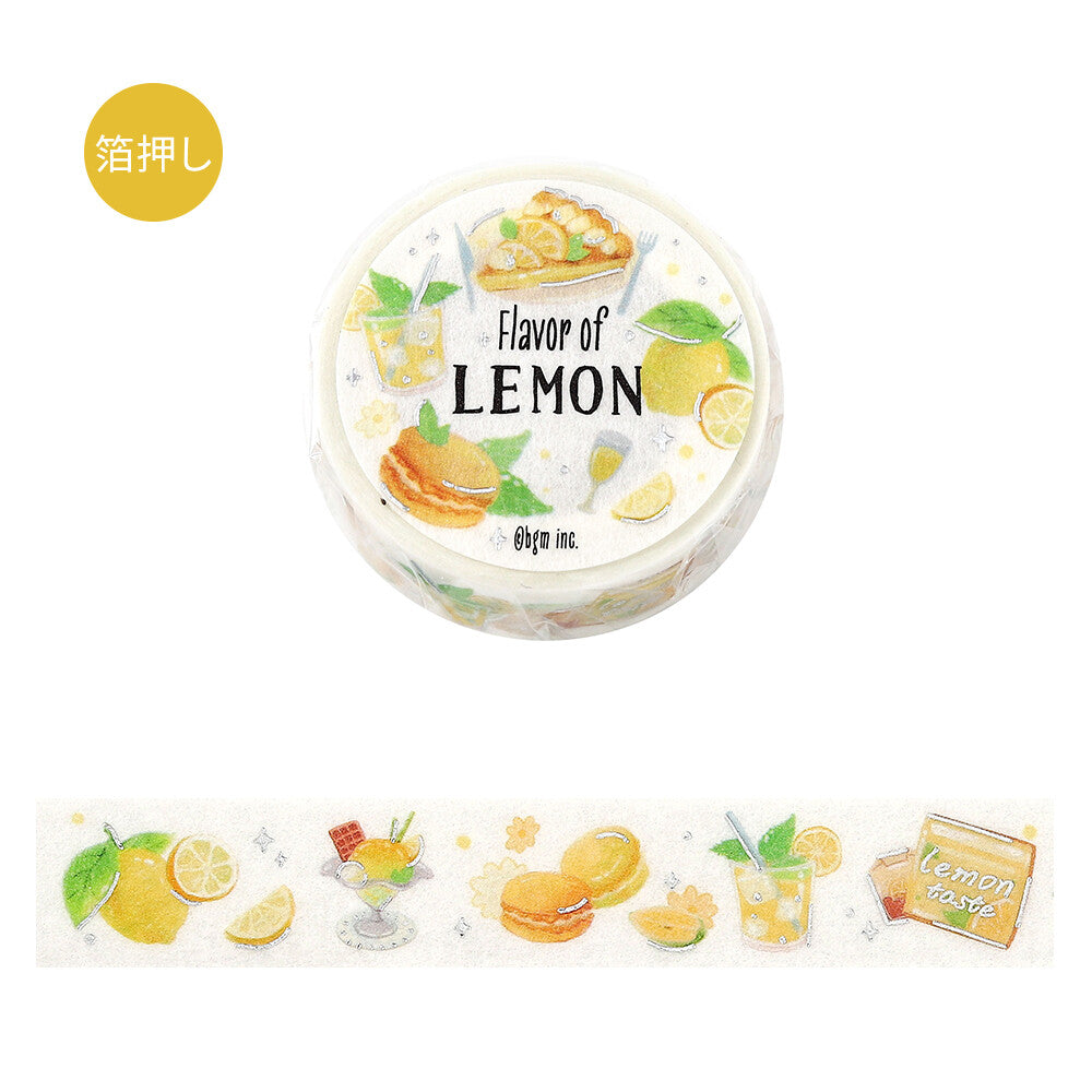 Round washi tape with lemon-themed design on a white background