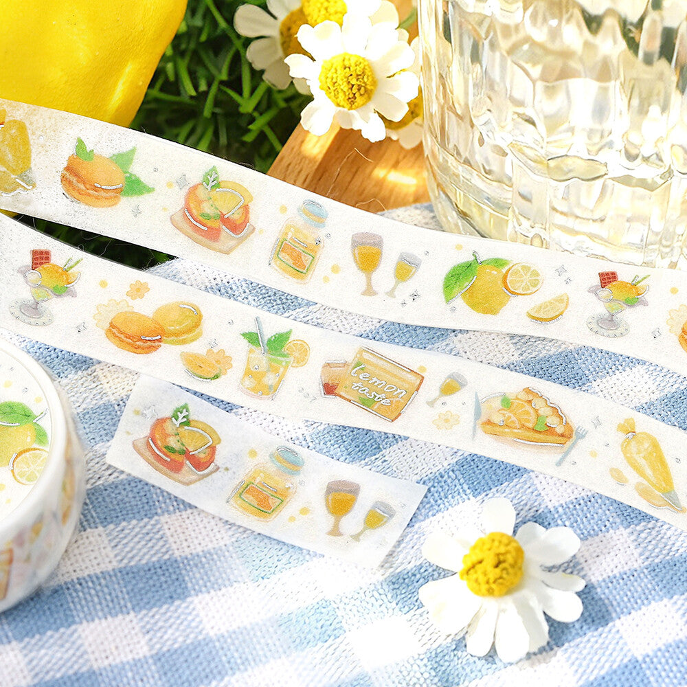 Decorative tape with food and drink illustrations on a checkered tablecloth.