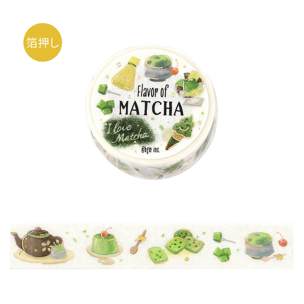 Round washi tape labeled 'Flavor of Matcha' with matcha-themed illustrations on a white background.