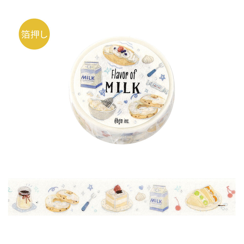 Round washi tape with 'Flavor of Milk' text and milk-themed illustrations on a white background