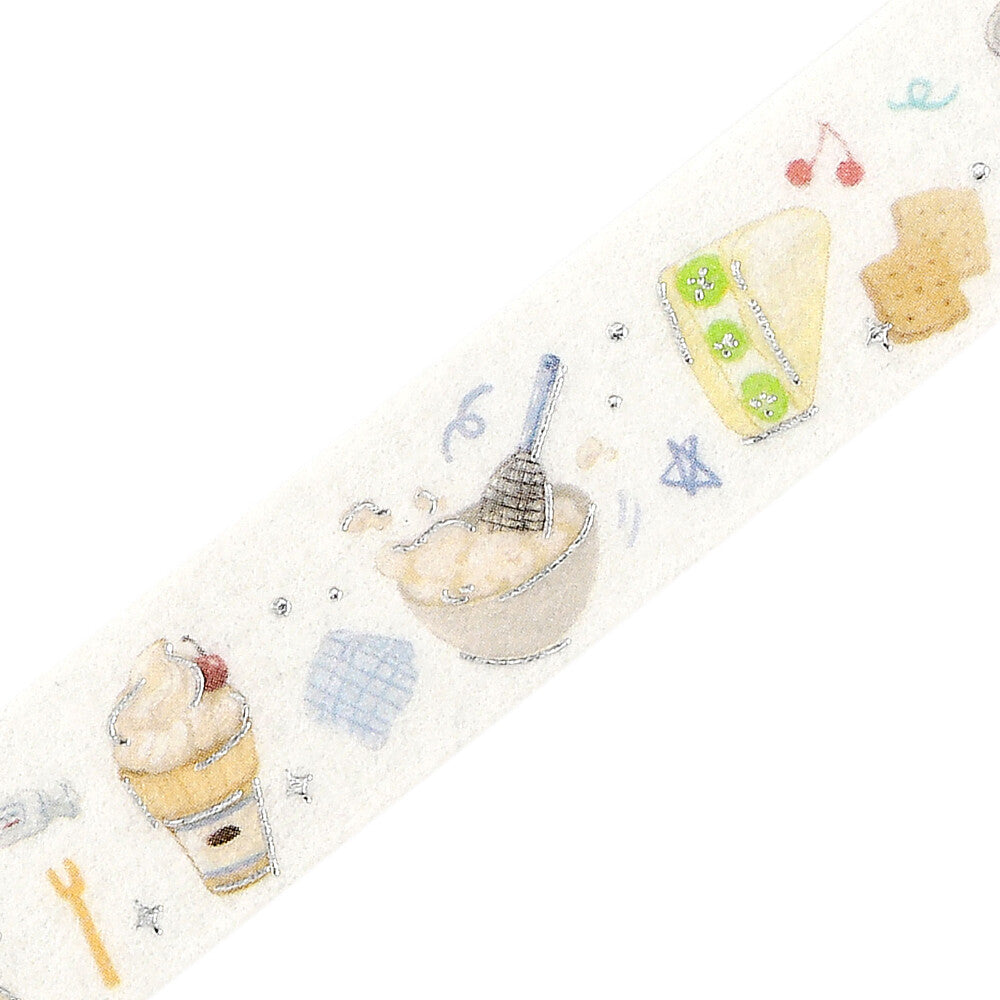 A close-up of a decorative tape or ribbon with a light cream background and whimsical food illustrations, including an ice cream cone, a bowl with a whisk, a slice of cake with kiwi, crackers, cherries, stars, and small abstract doodles.