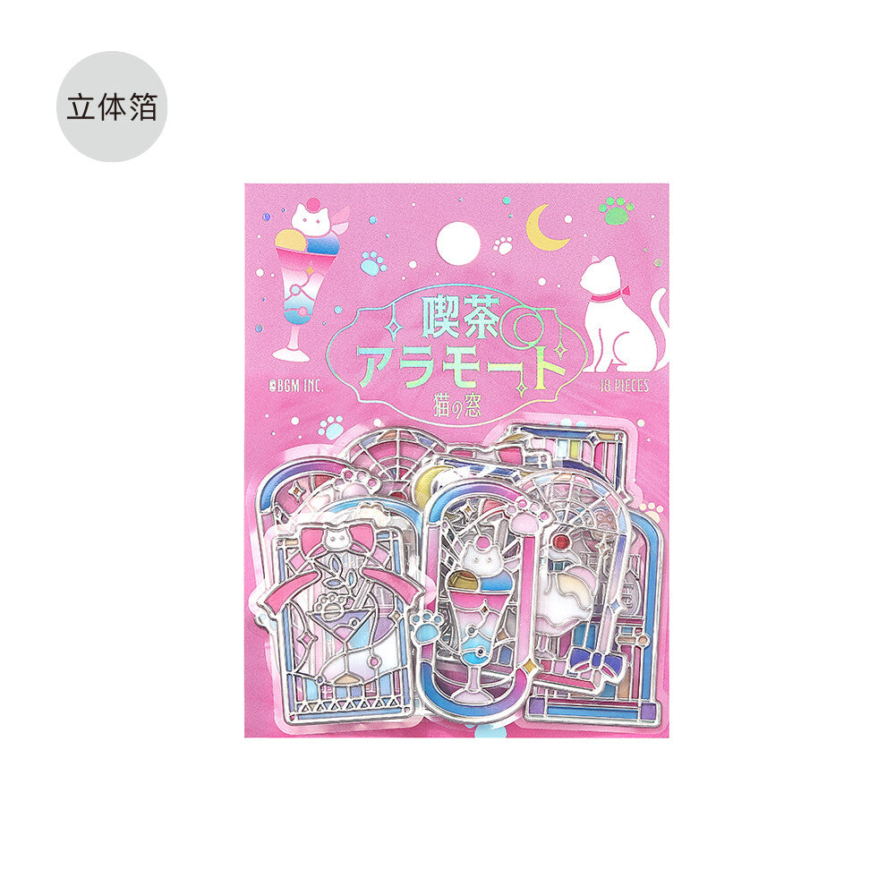 Packet of BGM stickers with a pink theme with illustrations of cats sitting by a window with white background