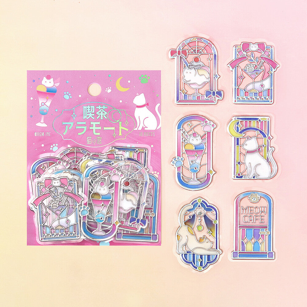 Packet of BGM stickers with a pink theme with illustrations of cats sitting by a window with pastel background