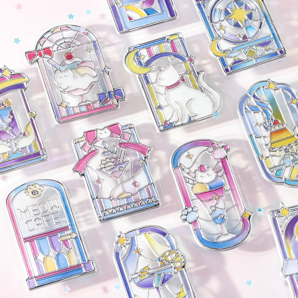 BGM stickers with a pink theme with illustrations of cats sitting by a window with white background