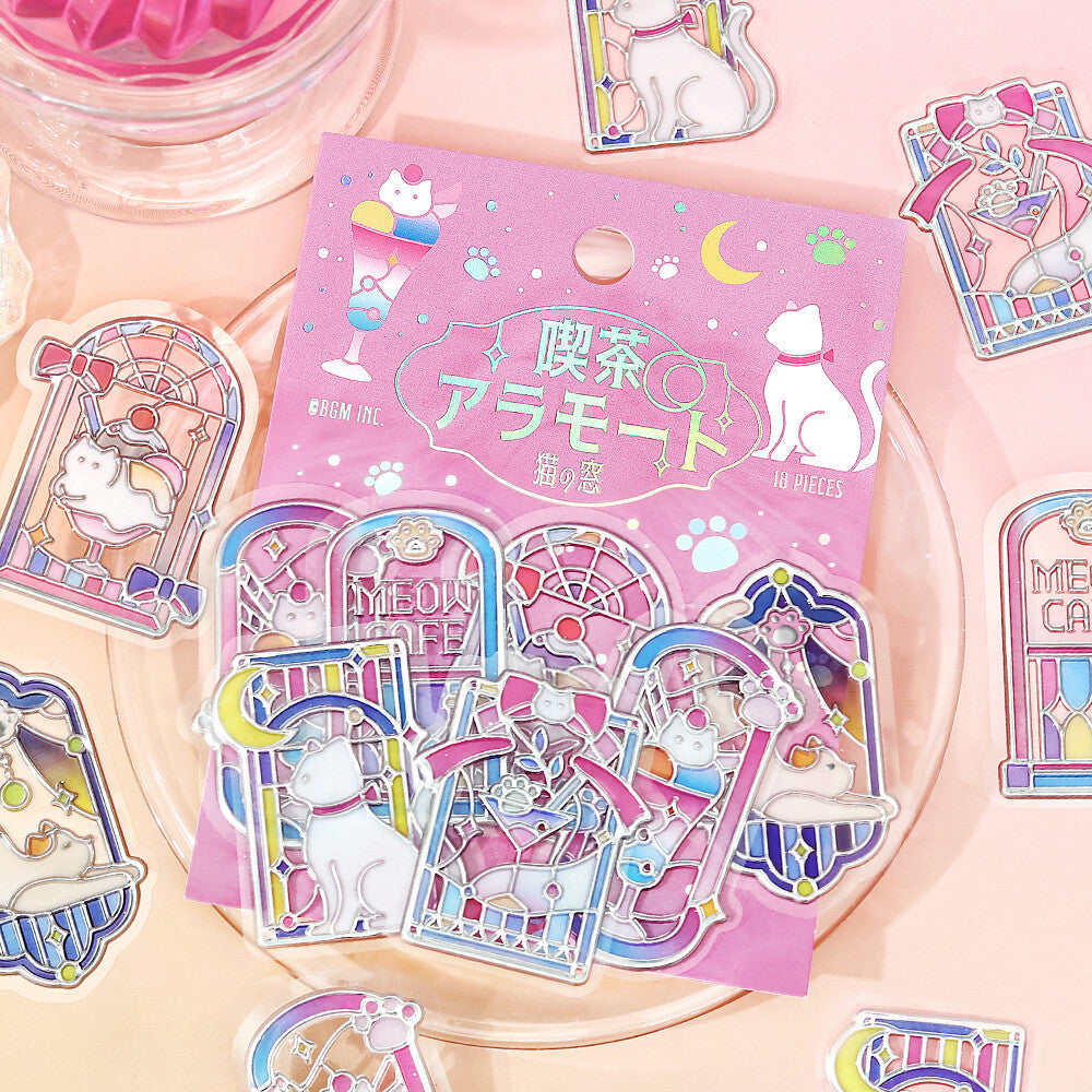 Packet of BGM stickers with a pink theme with illustrations of cats sitting by a window with pastel pink background