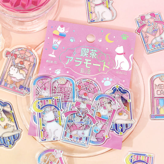 Packet of BGM stickers with a pink theme with illustrations of cats sitting by a window with pastel pink background