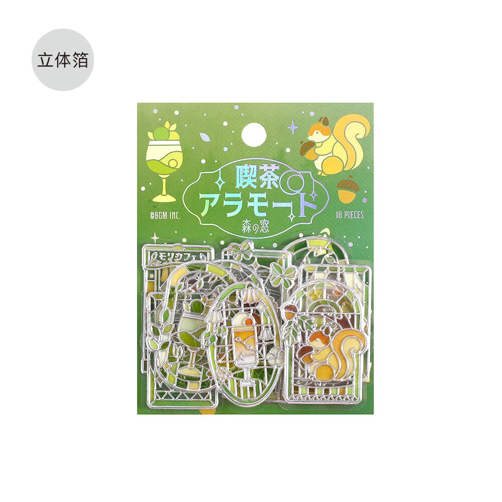 Packet of green themed 3D stickers inspired by the forest and stained glass by BGM on a white background