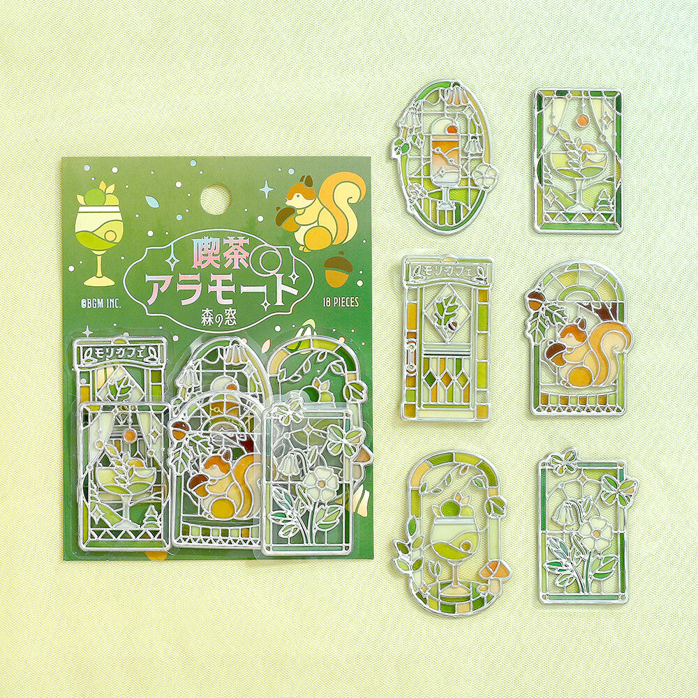 Packet of green themed 3D stickers inspired by the forest and stained glass by BGM on a green background