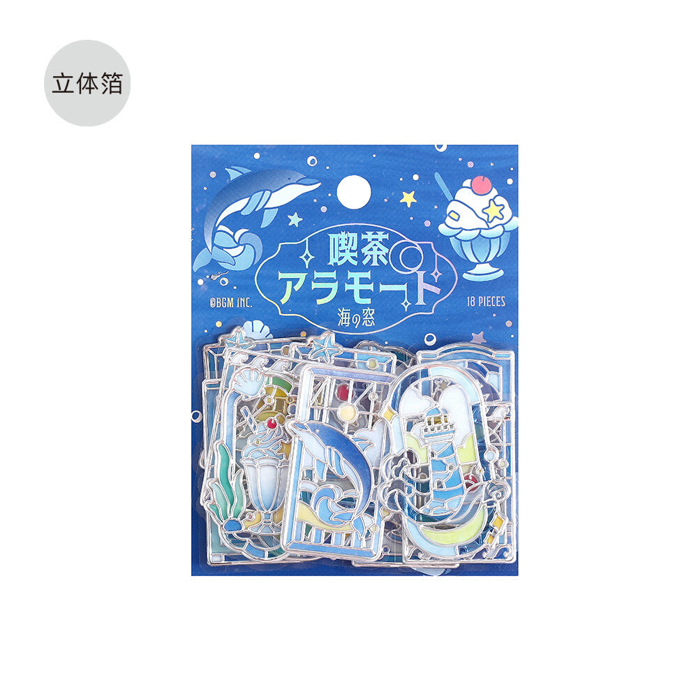 Packet of blue themed marine stickers with a stained glass design on a white background