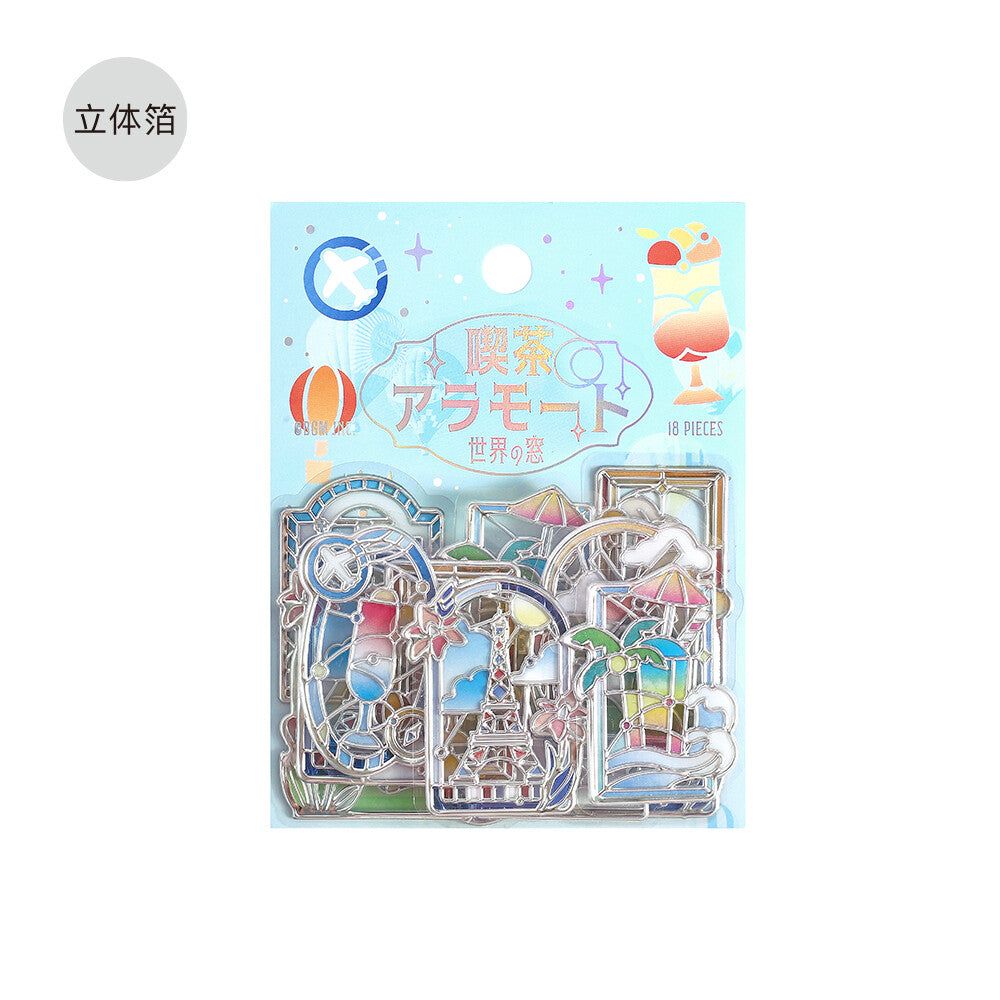 Pack of stickers by BGM featuring coloured stained glass with scenes of famous buildings over the world on a white background