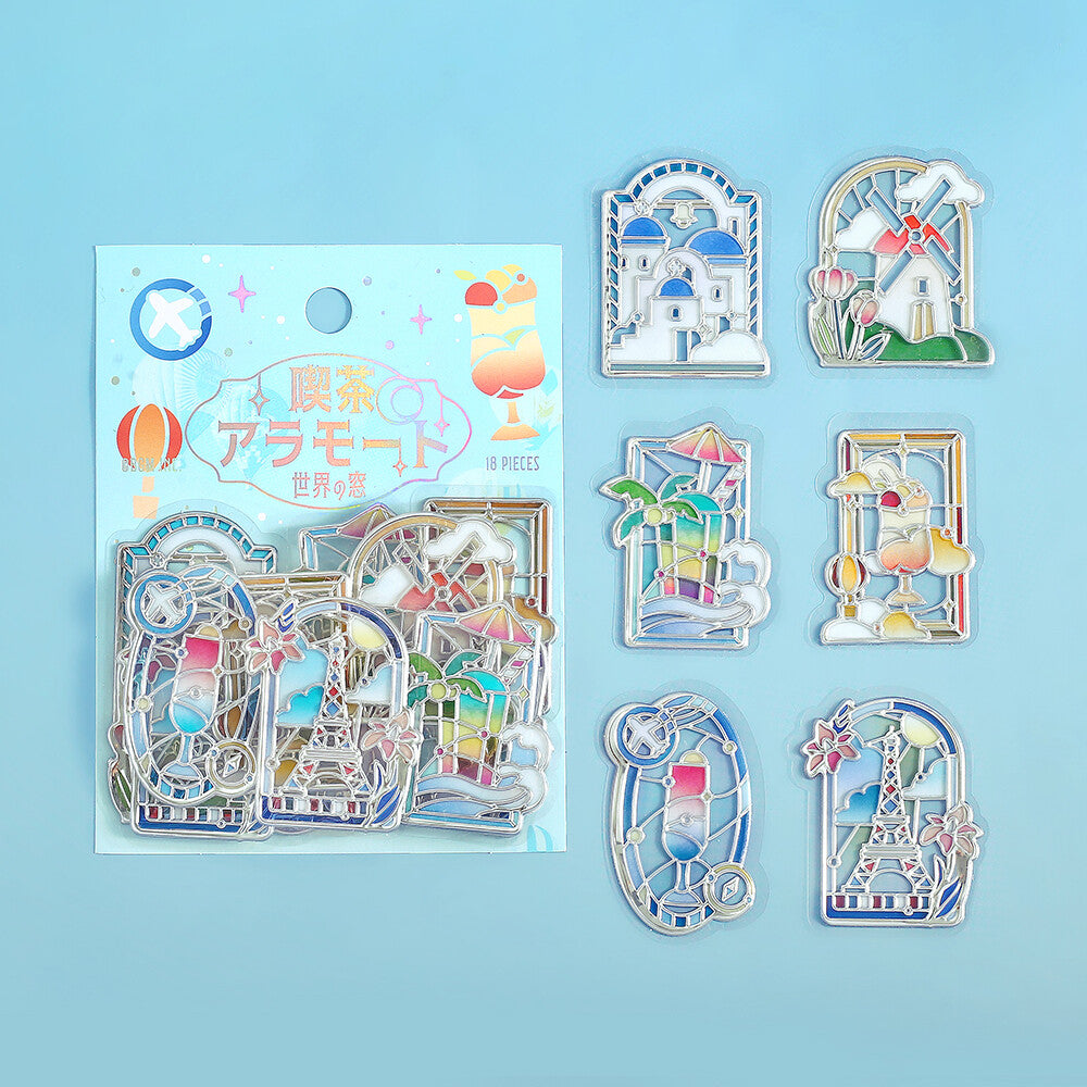 Pack of stickers by BGM featuring coloured stained glass with scenes of famous buildings over the world on a blue background