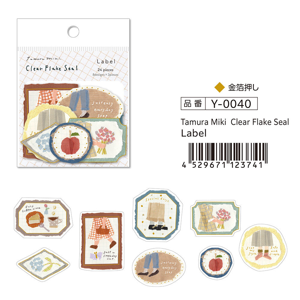 Packaging of Tamura Miki clear flake seal labels with illustrations on a white background.