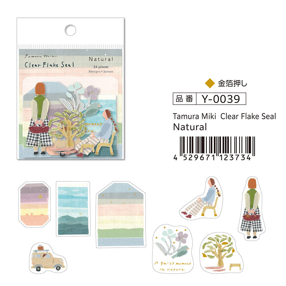 Packaging of Tamura Miki clear flake seals with illustrations on a white background