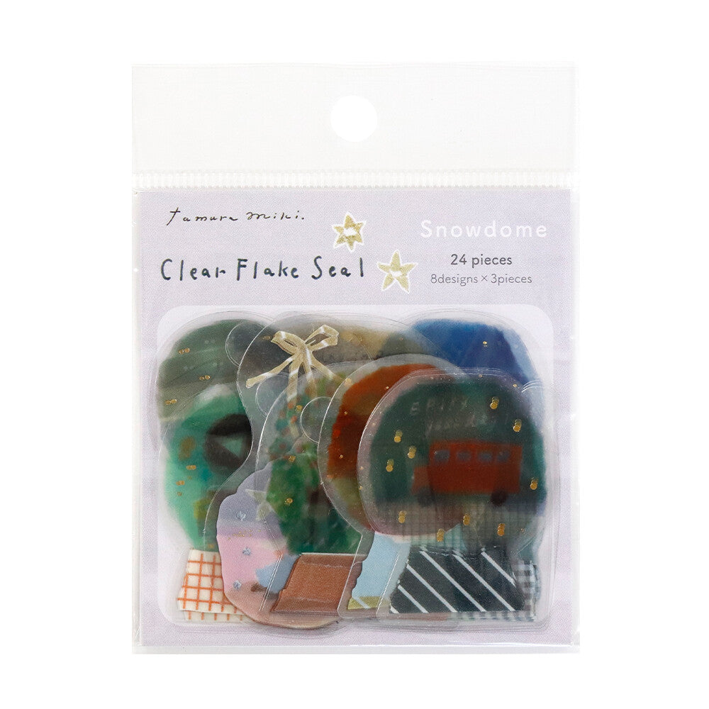 Packaged clearflake seals with winter-themed designs on a white background