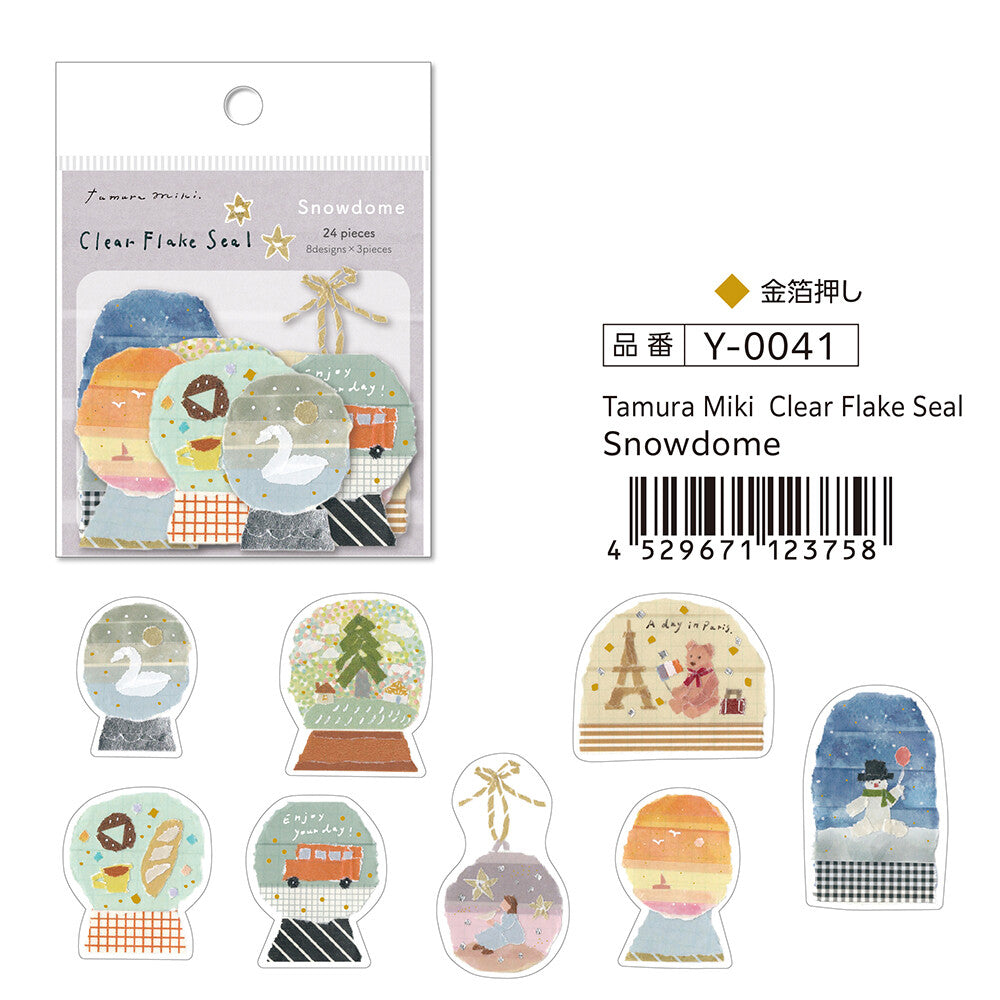 Packaged clear flake seals with snowdome designs and Tamura Miki branding.
