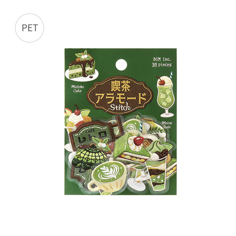 A package of 30 PET sticker pieces from BGM Inc. themed around matcha green tea and desserts.