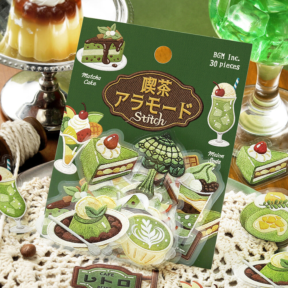 A package of 30 PET sticker pieces from BGM Inc. themed around matcha green tea and desserts on a vintage background