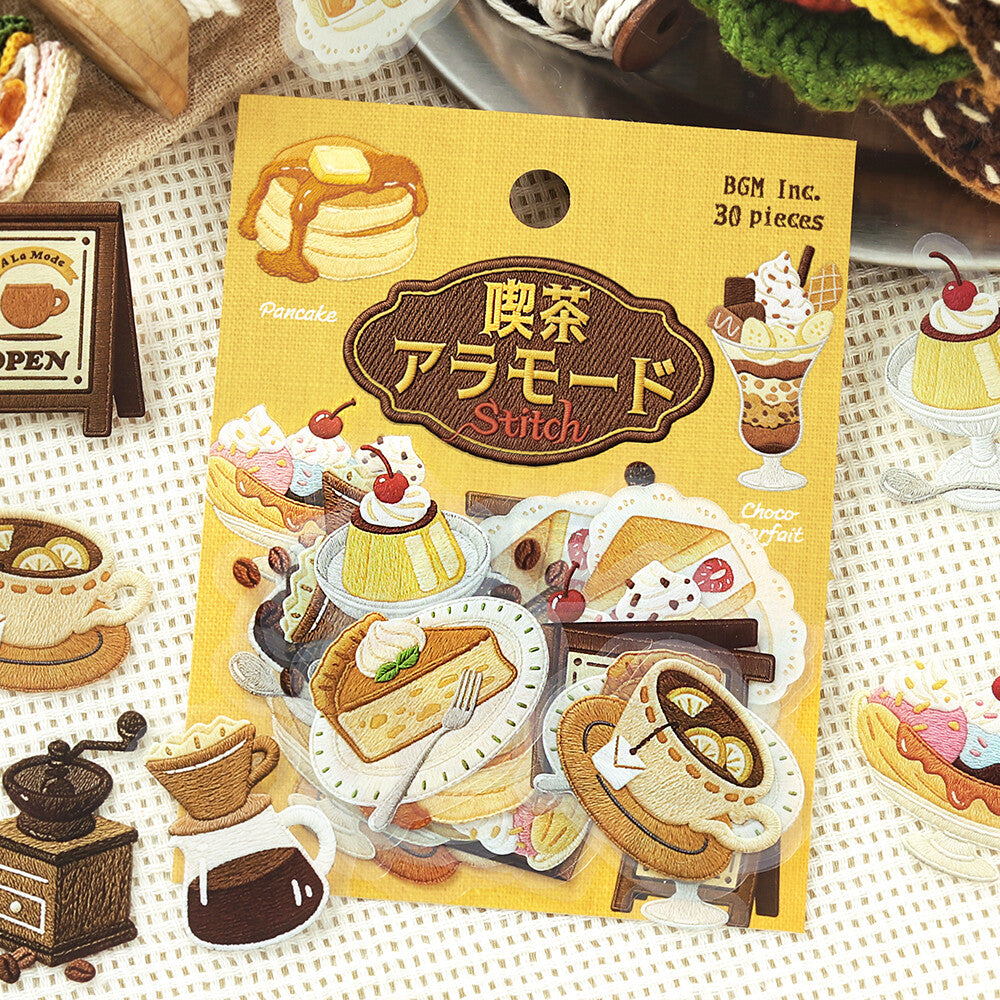 A package of 30 PET sticker pieces from BGM Inc. themed around yellow cakes, tea, coffee and desserts.