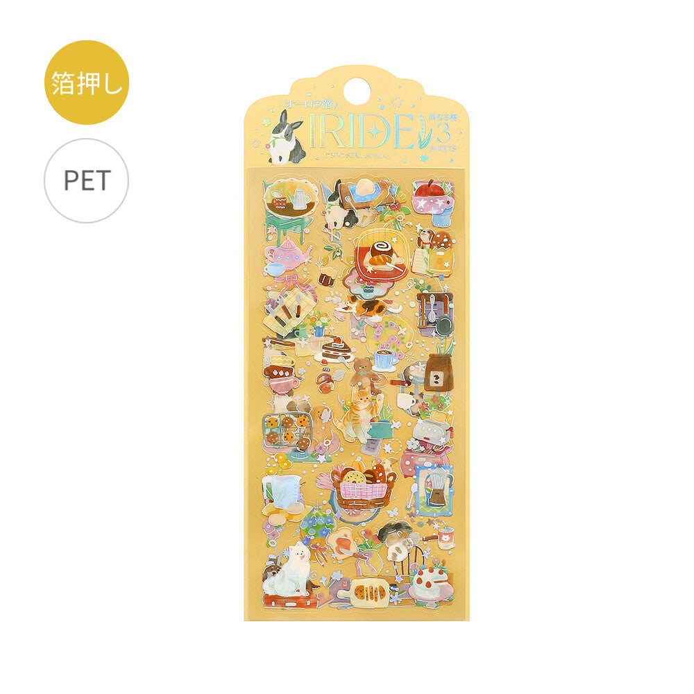 A packet of yellow Iride stickers showing cats and other pet illustrations on a white background