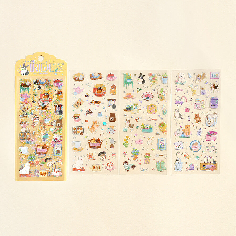 Image showing the contents of yellow Iride stickers with designs of cats, dogs and flowers