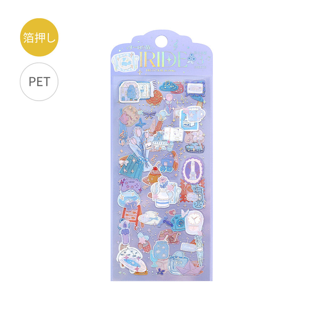 Packet of purple Iride PET stickers, with a white background