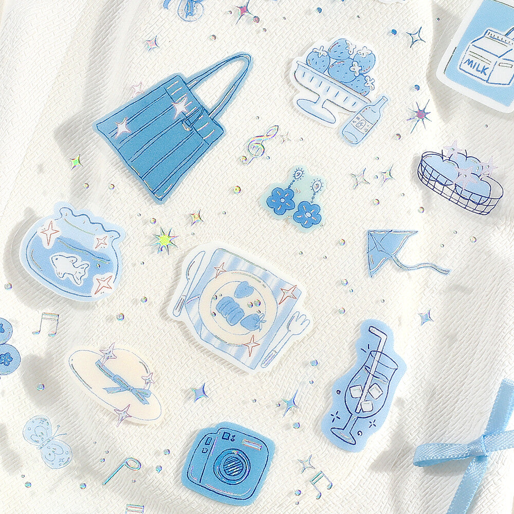 Blue stickers on a tea towel