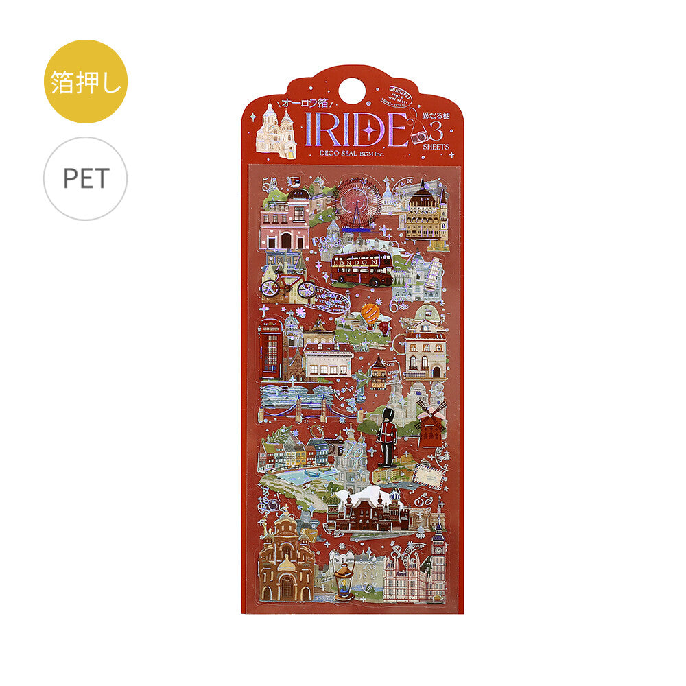 A red decorative sticker sheet package labeled 'Iride' with pastel cartoon illustrations and small decorative elements, shown on a white background with two small circular callouts in the upper left.
