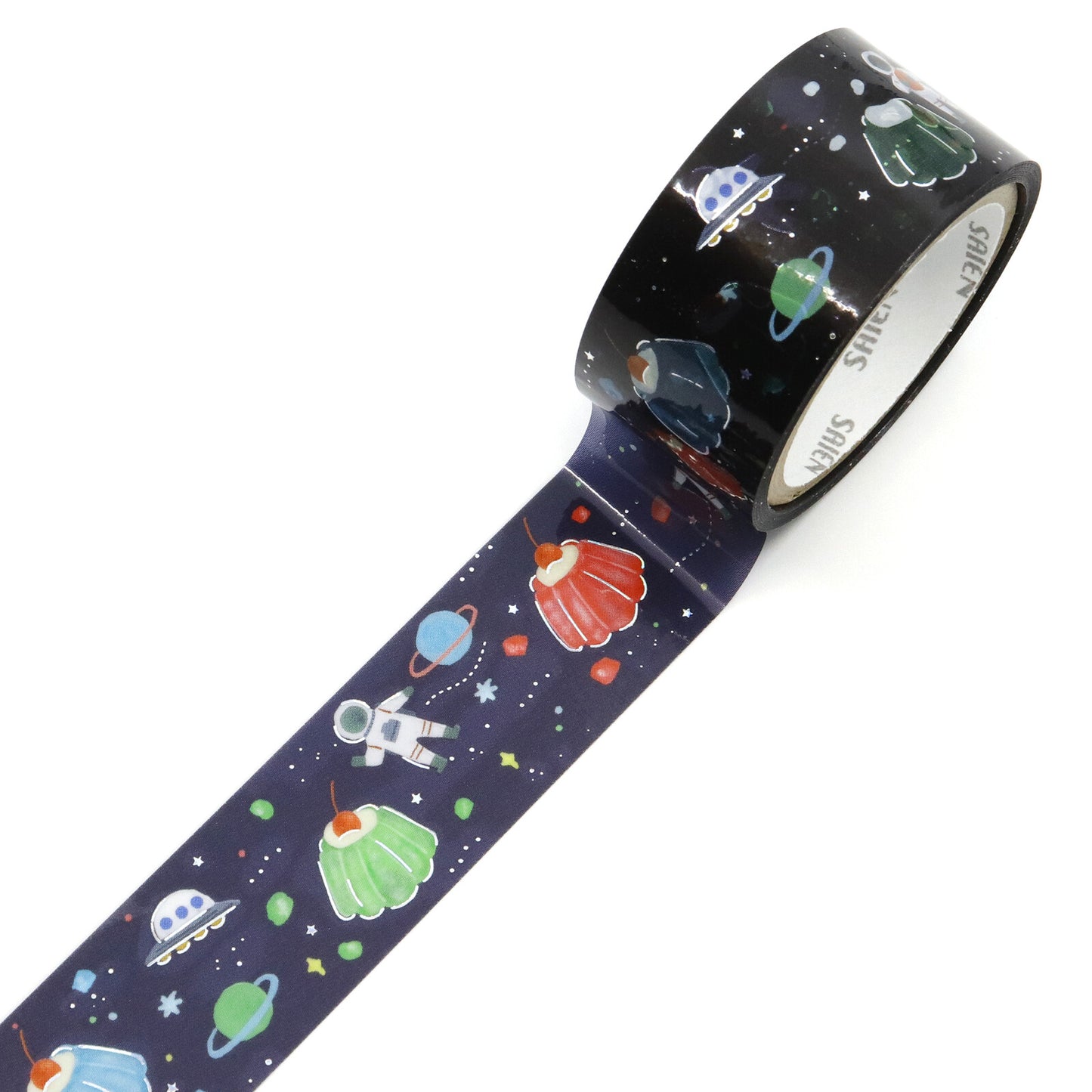 Roll of decorative tape with space-themed design on a white background