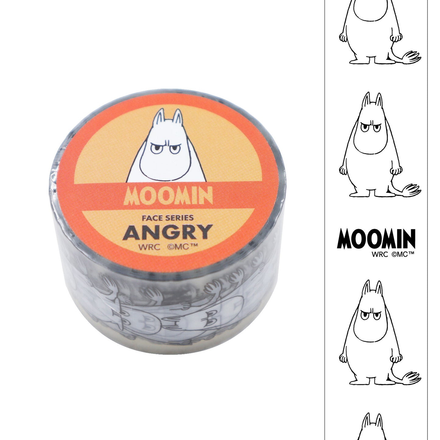 Moomin character with 'Angry' expression on a cylindrical container, surrounded by black and white illustrations.