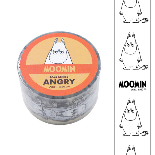 Moomin character with 'Angry' expression on a cylindrical container, surrounded by black and white illustrations.