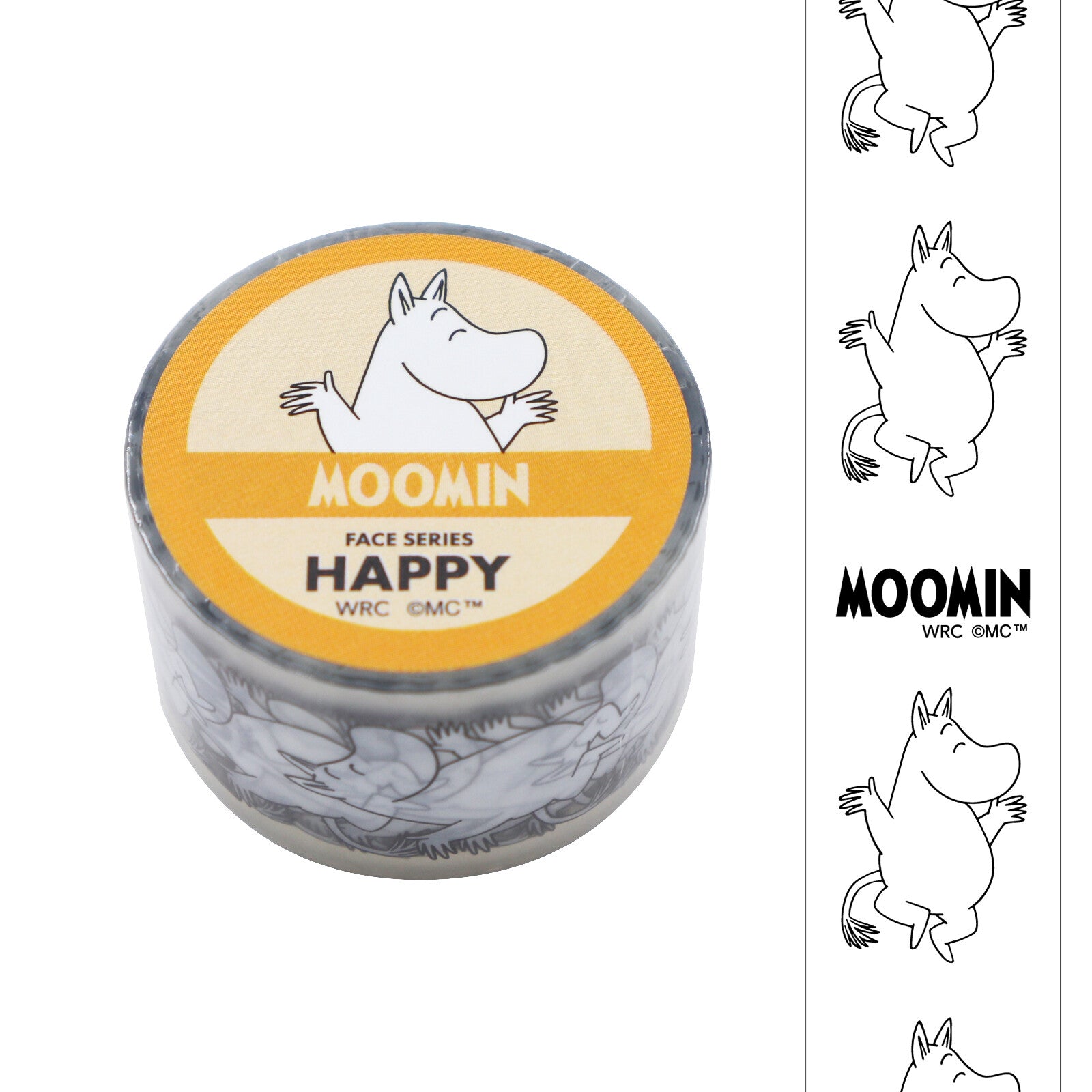 Moomin product with a yellow label featuring a cartoon character, next to black and white line art illustrations of the same character.