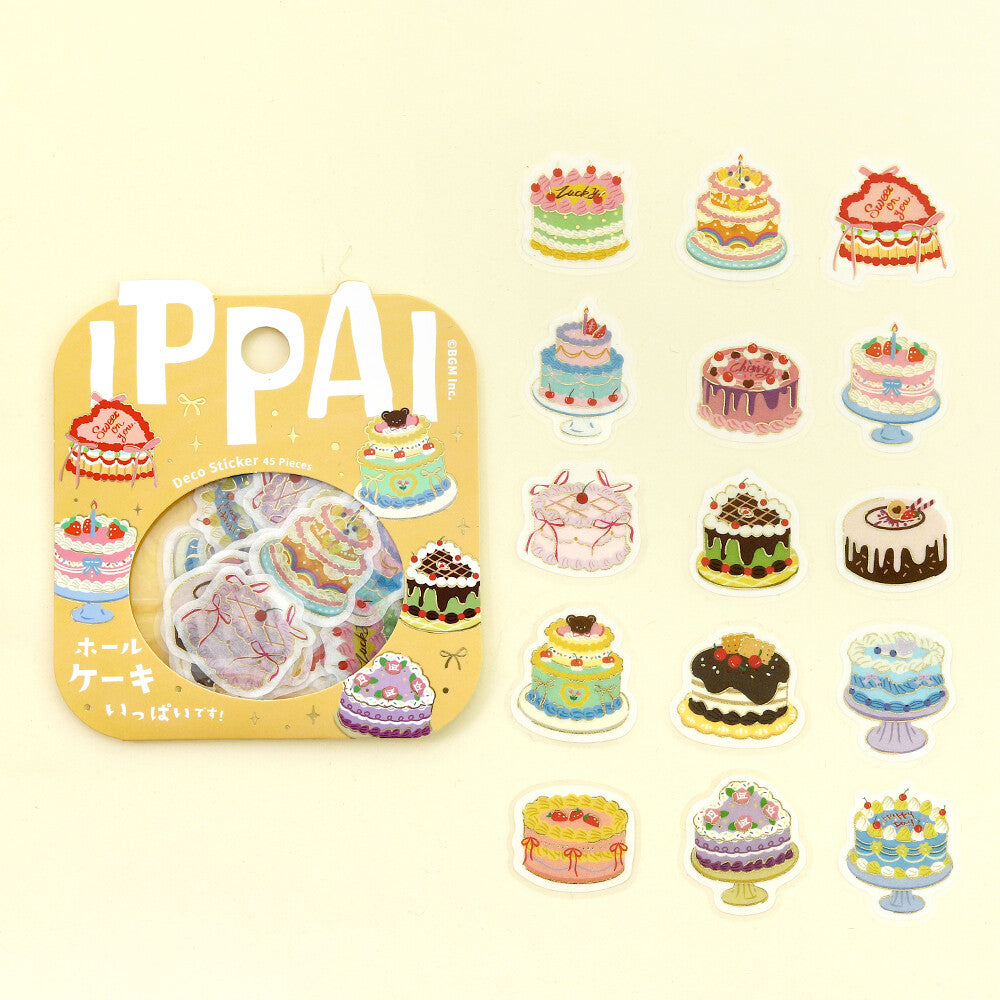Set of small cake-shaped stickers with 'IPPAI' packaging on a light yellow background
